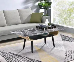 Landon 47" Coffee Table with Glass Black Marble Texture Top and Bent Wood Design