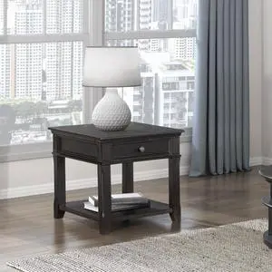 Living Room End Table with Drawer Shelf Charging Ports Charcoal Finish Classic Durable Wooden 1pc
