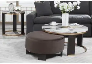 Nesting Coffee Table Set of 2, Faux Marble Top Round Coffee Table with Ottoman, Modern Living Room Sofa Side Table, Brown/Gold