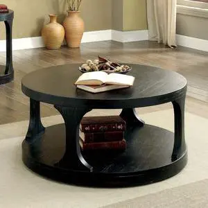Transitional Style Antique Black Finish Bold Round Structure 1pc Coffee Table With Extra Storage Shelf I Designed Legs End Table-Not Included