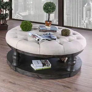 Rustic Style Round Wooden Coffee Table Antique Gray Finish supported Turned Legs And Open Shelf