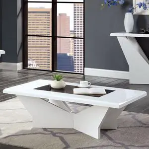 White Finish 1pc Coffee Table Contemporary style high Gloss Top Tempered Glass Geometric Base white