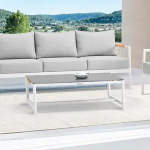 Crown Aluminum and Teak Wood Outdoor Coffee Table in White and Gray