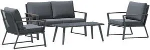 4 Piece Patio Furniture Set, Aluminum Conversation Set, Outdoor Garden Sofa Set with Armchairs, Loveseat, Center Coffee Table and Cushions, Dark Grey