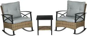 Outsunny 3 Piece Patio Rocking Chair Set, Outdoor Wicker Bistro Set with 2 Cushioned Porch Rockers and 2 Tier Coffee Table for Garden, Porch, Backyard, Light Gray