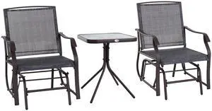 Outsunny 3 Piece Outdoor Glider Chair with Coffee Table Bistro Set, 2 Patio Rocking Swing Chairs with Breathable Sling Fabric, Glass Tabletop, for Backyard, Garden and Porch, Gray