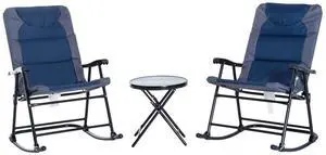Outsunny 3 Piece Outdoor Patio Furniture Set with Glass Coffee Table & 2 Folding Padded Rocking Chairs, Bistro Style for Porch, Camping, Balcony, Navy Blue