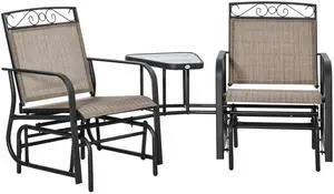 Outsunny Outdoor Glider Chairs with Coffee Table, Patio 2-Seat Rocking Chair Swing with Breathable Sling for Backyard, Garden and Porch, Brown
