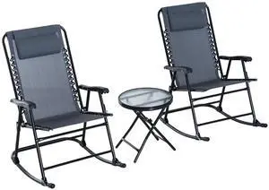 Outsunny 3 Piece Outdoor Rocking Bistro Set, Patio Folding Chair Table Set with Glass Coffee Table for Yard, Patio, Deck, Backyard, Grey