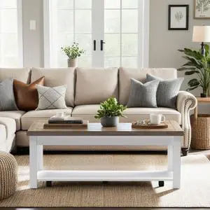 48 inch Hampton Coffee Table, No Assembly Required, Jasmine Whitewash and Barnwood Finish