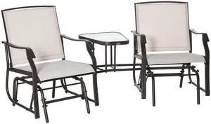 Outsunny Outdoor Glider Chairs with Coffee Table, Patio 2-Seat Rocking Chair Swing Loveseat with Breathable Sling for Backyard, Garden, and Porch, Beige