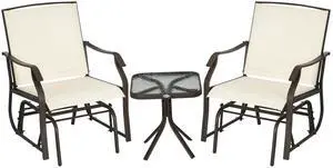 Outsunny 3 Piece Outdoor Glider Chair with Coffee Table Bistro Set, 2 Patio Rocking Swing Chairs with Breathable Sling Fabric, Glass Tabletop, for Backyard, Garden and Porch, Cream White