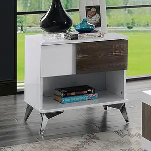 Modern Contemporary Style End Table White And Oak Finish Open Shelf Drawer Steel Legs Two Tone Design High Gloss Finish Wooden Panel Coffee Table-Not Include