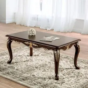 Rich Tobacco Finish Traditional Style 1pc Rectangle Coffee Table Curved Legs Carved Details Design With Gold Highlight Elegant Look Solid Wood Structure