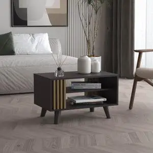 Shawnee Coffee Table With Open Storage Shelf, Living Room Center Table, Black/ Natural Oak
