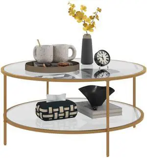 HOMCOM Side Table with Storage, 36" Round End Table, 2-Tier Tempered Glass Coffee Table with Steel Frame for Living Room, Gold