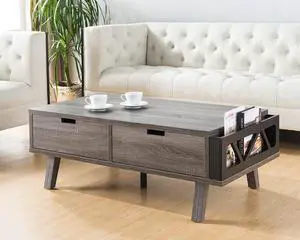 Antique Wooden Livingroom Coffee Table with Two Storage Drawers, Distressed Grey & Black