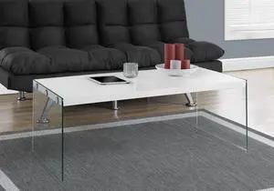 Coffee Table, Accent, Cocktail, Rectangular, Living Room, 44"l, Glossy White Laminate, Clear Tempered Glass, Contemporary, Modern