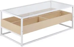 Display Contemporary Coffee Table in White Metal, Natural Wood, and Clear Glass by LumiSource