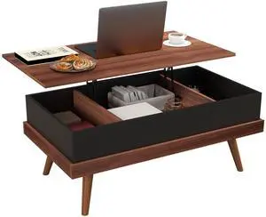 HOMCOM Lift Top Coffee Table, 39.25" Coffee Table with Hidden Compartments and Wood Legs, Walnut