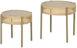 Outsunny 2 Piece Wicker Patio Table Set, PE Rattan End Table Set, Outdoor Round Coffee Table Set, Multi-Functional, Slatted Metal Top, Brown