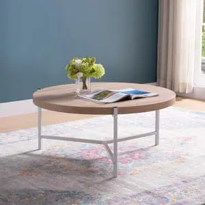 36.5" Round Coffee Table with White Metal Legs, Weathered White & White