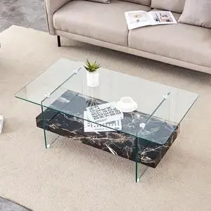 43.3-Inch Heavy-Duty Coffee Table with Tempered Glass Top  Base 250LB Capacity,Double-Layer Storage,4 Finish Options Walnut/Wood/Black/White Marble  Modern  Durable Design