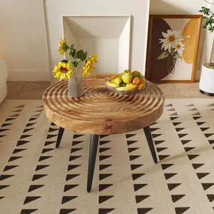 31-inch Modern farmhouse-style living room coffee table, round table with natural finish, burlywood