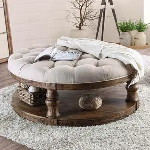 Rustic Style Round Wooden Coffee Table Antique Oak Finish supported Turned Legs And Open Shelf