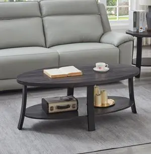 Anze Contemporary Oval Wood Shelf Coffee Table in Charcoal Finish