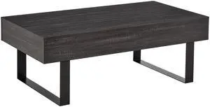 HOMCOM Mid-century Modern Coffee Table with Storage Drawer, Metal Sled Designed Legs and Wood Grain Surface for Living Room, Dark Grey
