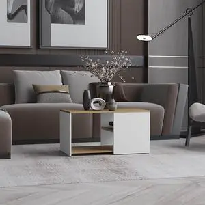 Coffee Table, 2 Shelves, White / Natural Oak