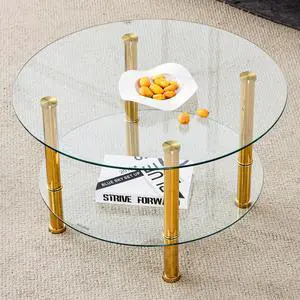 Contemporary Minimalist Double Layer Tempered Glass Coffee Table - 27.5" Top and 23.6" Bottom.Reinforced Glass Tabletop,Stainless Steel Golden Plated Legs.