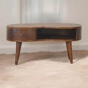 Chestnut Wave Coffee Table, Nordic Legs, 1 Drawer, 1 Open Storage