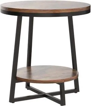 19.68" Industrial End Table with Storage Shelf  2-Tier Round Side Table for Small Spaces, Rustic Brown  Sturdy Nightstand, Bedside Table, or Coffee Table for Living Room & Bedroom