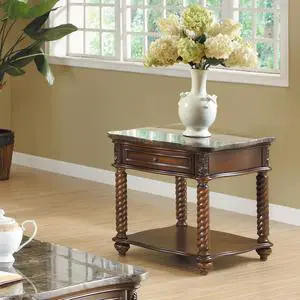 Traditional Formal Marble Top End Table with Drawer Lower Shelf Mahogany Finish Spiral Turned Legs Wooden 1pc Living Room Furniture Side Table