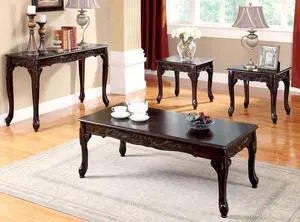 3pc Coffee Table Traditional Style Dark Cherry Finish Cabriole Legs And Intricate Design 1x Coffee Table 2x End Table