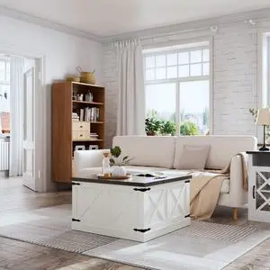Farmhouse Coffee Table, Square Wood Center Table with Large Hidden Storage Compartment for Living Room, Rustic Cocktail Table with Hinged Lift Top for Home, White
