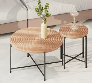 2-Piece Coffee and End Table Set  Waterproof MDF with PVC Cover, Distressed Cylindrical Design, Black Metal Legs  Classic Rustic Charm, Red Cedar-Brown