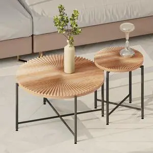 Radial Pattern 2-Piece Coffee and End Table Set  Waterproof MDF with PVC Cover, Distressed Cylindrical Design, Black Metal Legs  Classic Rustic Charm, Red Cedar-Brown