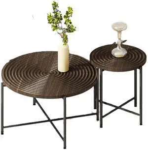 2-Piece Coffee and End Table Set  Waterproof MDF with PVC Cover, Distressed Cylindrical Design, Black Metal Legs  Classic Rustic Charm, Dark Walnut