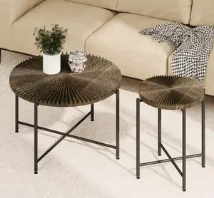Radial Pattern 2-Piece Coffee and End Table Set  Waterproof MDF with PVC Cover, Distressed Cylindrical Design, Black Metal Legs  Classic Rustic Charm, Dark Walnut