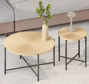 Radial Pattern 2-Piece Coffee and End Table Set  Waterproof MDF with PVC Cover, Distressed Cylindrical Design, Black Metal Legs  Classic Rustic Charm, Technical Wood