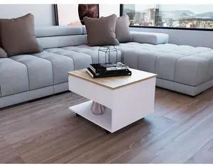 Lift Top Coffee Table, Casters, One Shelf, White / Light Oak