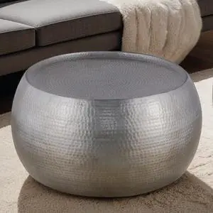 CT501 Modern Contemporary Round Aluminum material 32" Coffee Table, Farmhouse Table with Glossy Hand Hammered Design Antique Silver  same as B009P298416 (CA inventory)