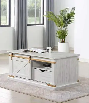 Antique White Gold Accents Rustic Style 1pc Coffee Table Storage Drawer Shelve Living Room Tables