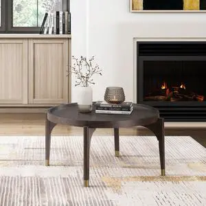 Dark Brown Finish Cocktail Table Solid Wood Legs with Metallic Gold Tip Classic Luxury Living Room Furniture 1pc Round Coffee Table