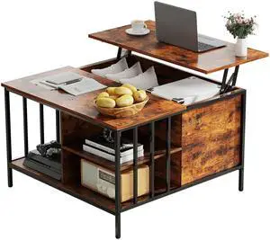 Farmhouse Lift Top Coffee Table with Storage - 31.5" Adjustable Height Living Room Table, Multifunctional Center for Family with Hidden Compartment & 3 Shelves(110lbs Capacity, Easy to Clean)