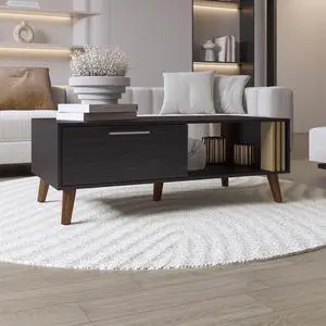 Vance 47" Wide Coffee Table with One Open Shelf and One pull Down Cabinet Door, Living Room, Storage Black Wengue and NAtual Oak