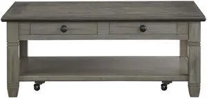 Coffee and Antique Gray Finish 1pc Cocktail Table with Casters 2 Drawers Bottom Shelf Wooden Living Room Furniture